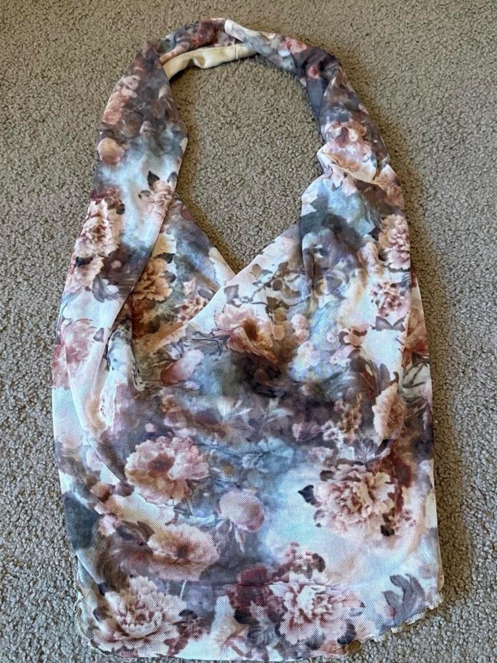 Windsor Roses/Floral Halter Top in Blush, Brown, Gray, and Green